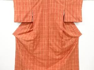 リサイクル　格子に幾何学模様織り出し手織り紬着物(内袖付き)
